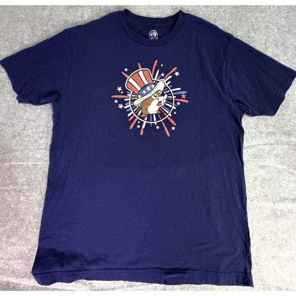 Buc Ees Land of the Free Beaver Patriotic T Shirt Blue Size Medium Buccees - Picture 2 of 7